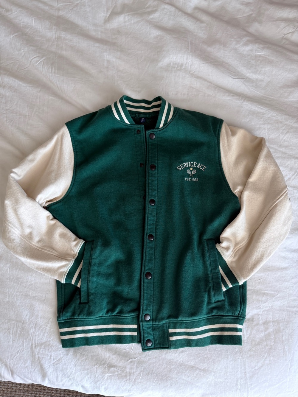 Uniqlo Green and Cream Service Ace Tennis Bomber Varsity Jacket